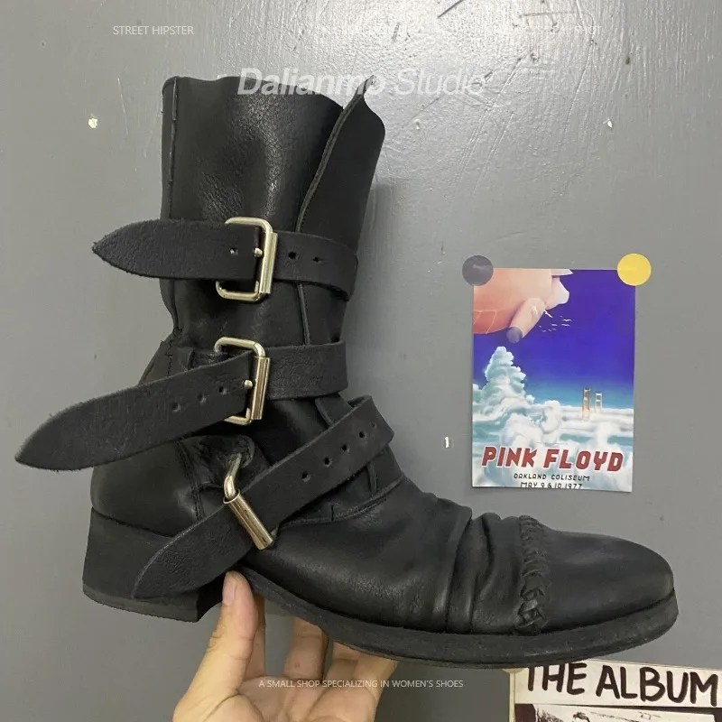 Vintage Fashion Style - Botas de moto de cuero genuino