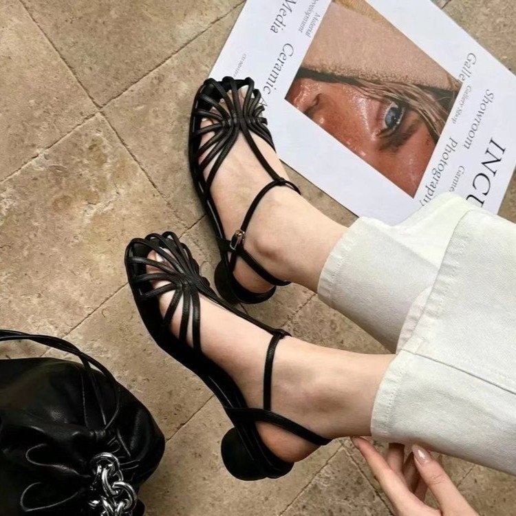 Vintage Fashion Style - Sandalias de tacón bajo estilo romano